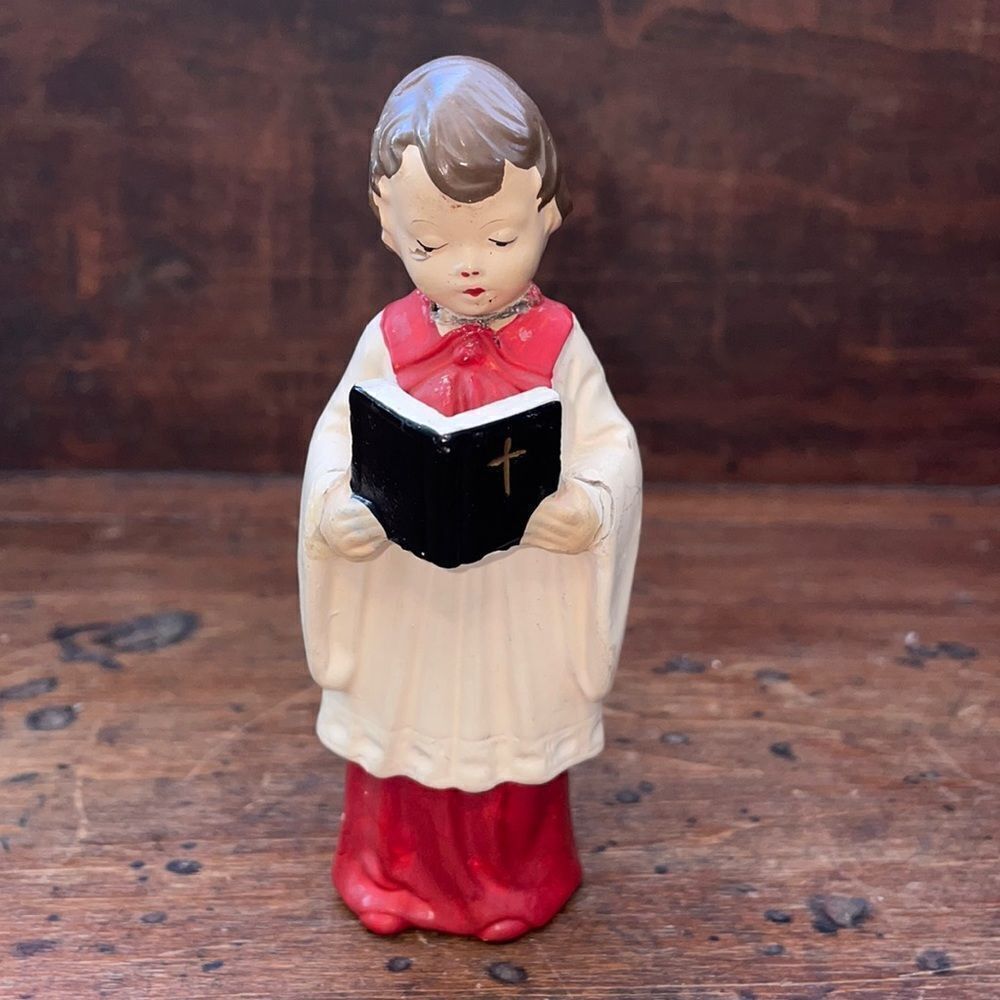 Vtg German small ceramic choir boy holding bible/choir book Christmas decoration